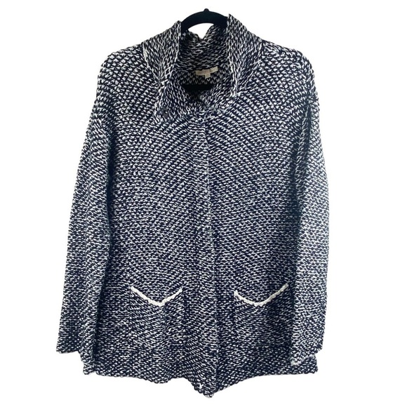 Eileen Fisher black and white chunky knit cardigan with stand up collar - Picture 1 of 9